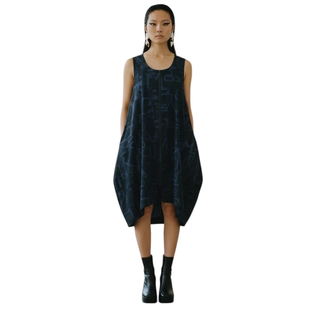 Porto Navy Dress Typography Print Zip Front Avant Garde Art Italian Fabric M